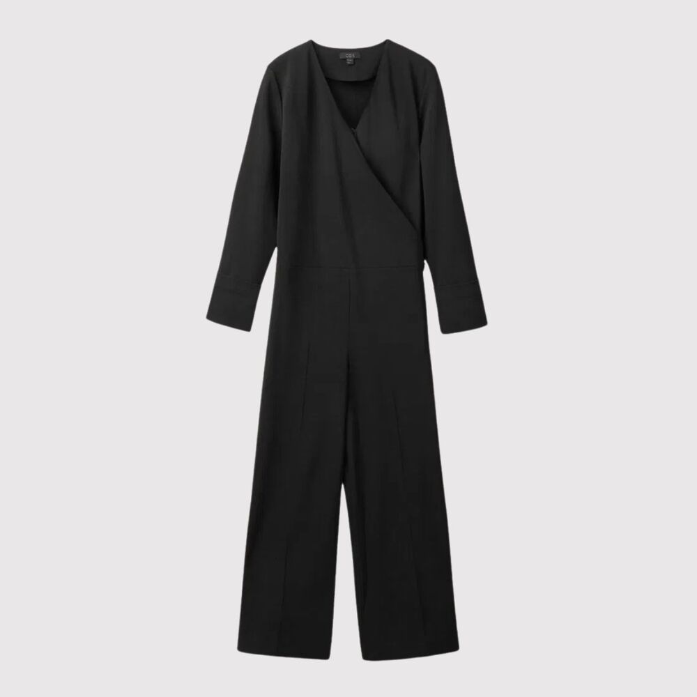 COS Womens Jumpsuit Black Wool Wrap V Neck Long Sleeve Straight Tailored Size 6
